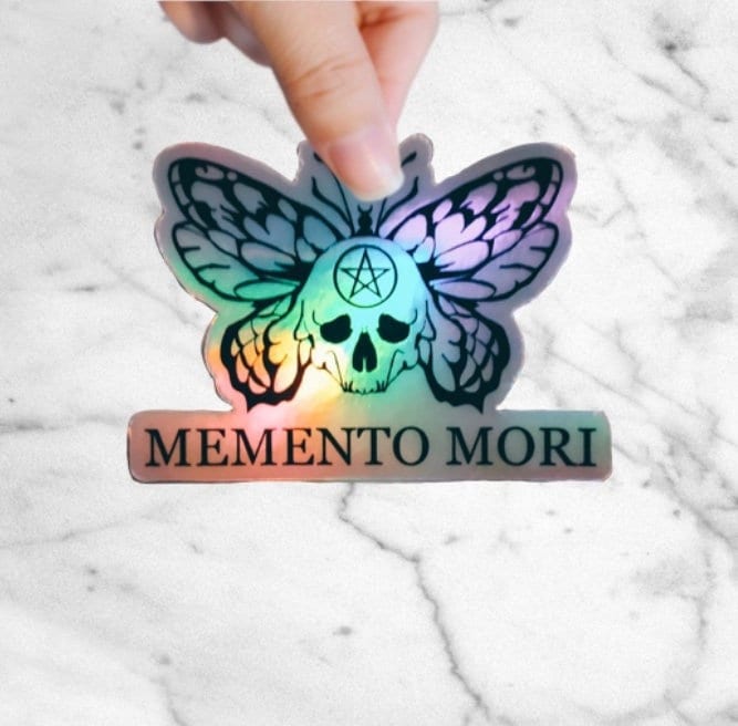 Memento Mori Holographic Sticker Moth Skull Laptop Sticker for Goth Witchy Butterfly Latin Remember You Will Die Catholic Mortality Decal