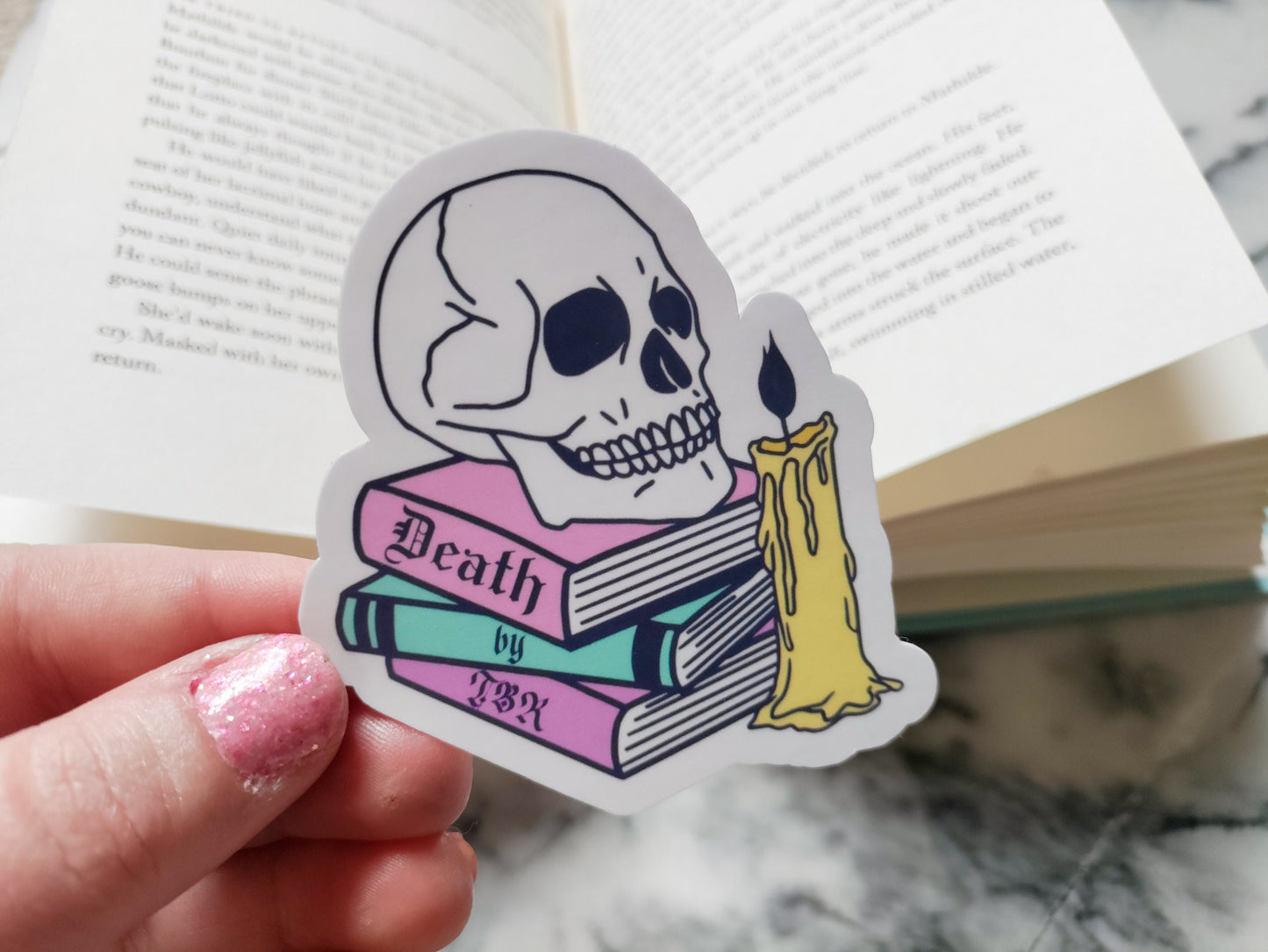 Death by TBR Cute Pastel Goth Bookish Sticker for Readers Funny Bookish Halloween Skull Sticker for Reading Journal Laptop Hyfroflask