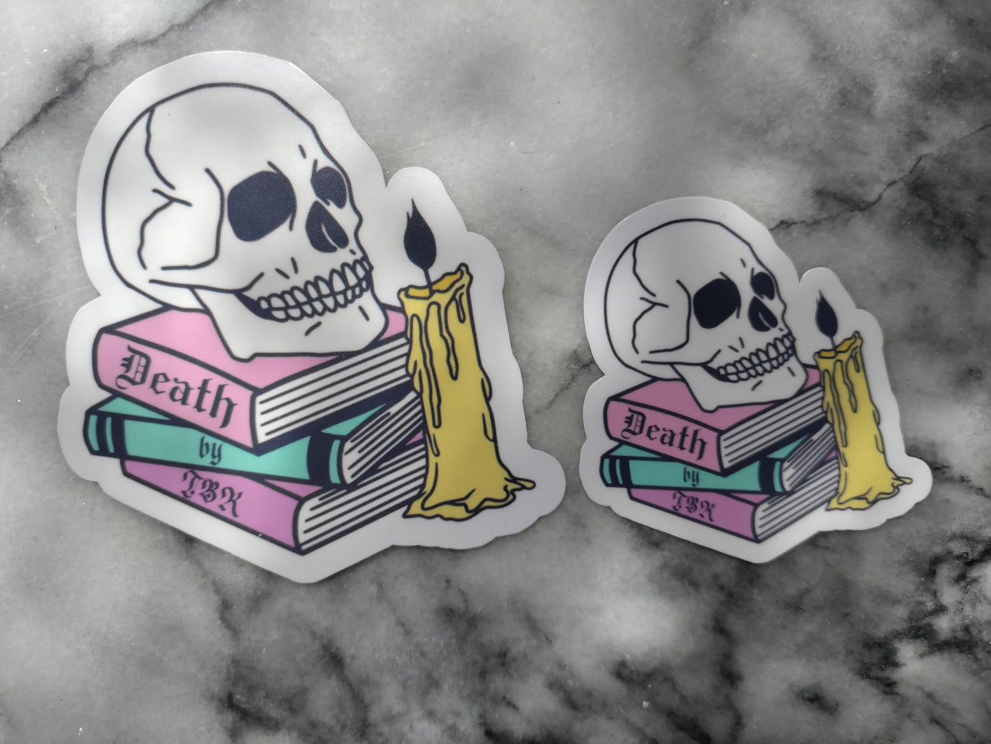 Death by TBR Cute Pastel Goth Bookish Sticker for Readers Funny Bookish Halloween Skull Sticker for Reading Journal Laptop Hyfroflask