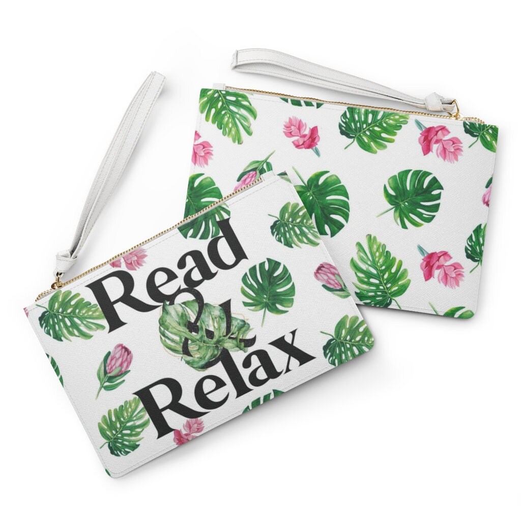 Read and Relax Clutch Bag Tropical Bookish Pencil Bag for Bookmarks Beachy Zip Clutch Gift for Book Club Plant Mother Book Lover Present