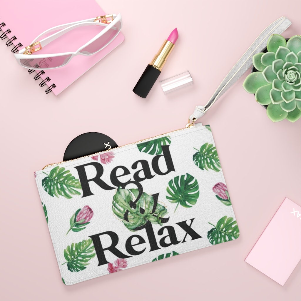 Read and Relax Clutch Bag Tropical Bookish Pencil Bag for Bookmarks Beachy Zip Clutch Gift for Book Club Plant Mother Book Lover Present