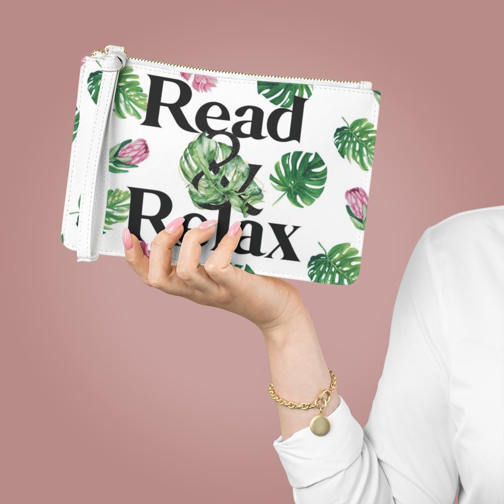 Read and Relax Clutch Bag Tropical Bookish Pencil Bag for Bookmarks Beachy Zip Clutch Gift for Book Club Plant Mother Book Lover Present