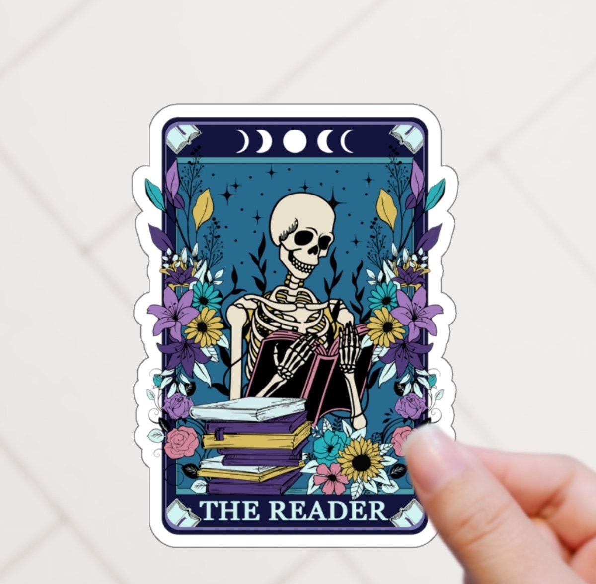 Seasons Readings The Reader Tarot Card Sticker Spooky Books Skeleton Sticker for Reader BookTok Journal Sticker Librarian Tarot Reader Cute
