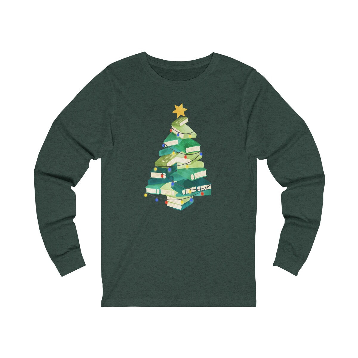 Bookish Tree Long Sleeve Christmas Tshirt for Reader Teacher Librarian Holiday Shirt for Book Club Christmas Party