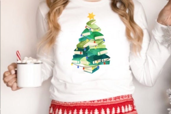 Bookish Tree Long Sleeve Christmas Tshirt for Reader Teacher Librarian Holiday Shirt for Book Club Christmas Party
