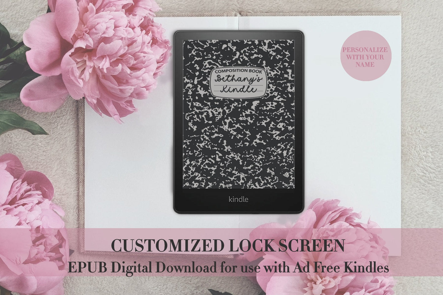 Personalized Composition Book Lock Screen for use w Kindle EReader Custom Book Cover Bookstagram Teacher School Librarian Retro Bookish Gift