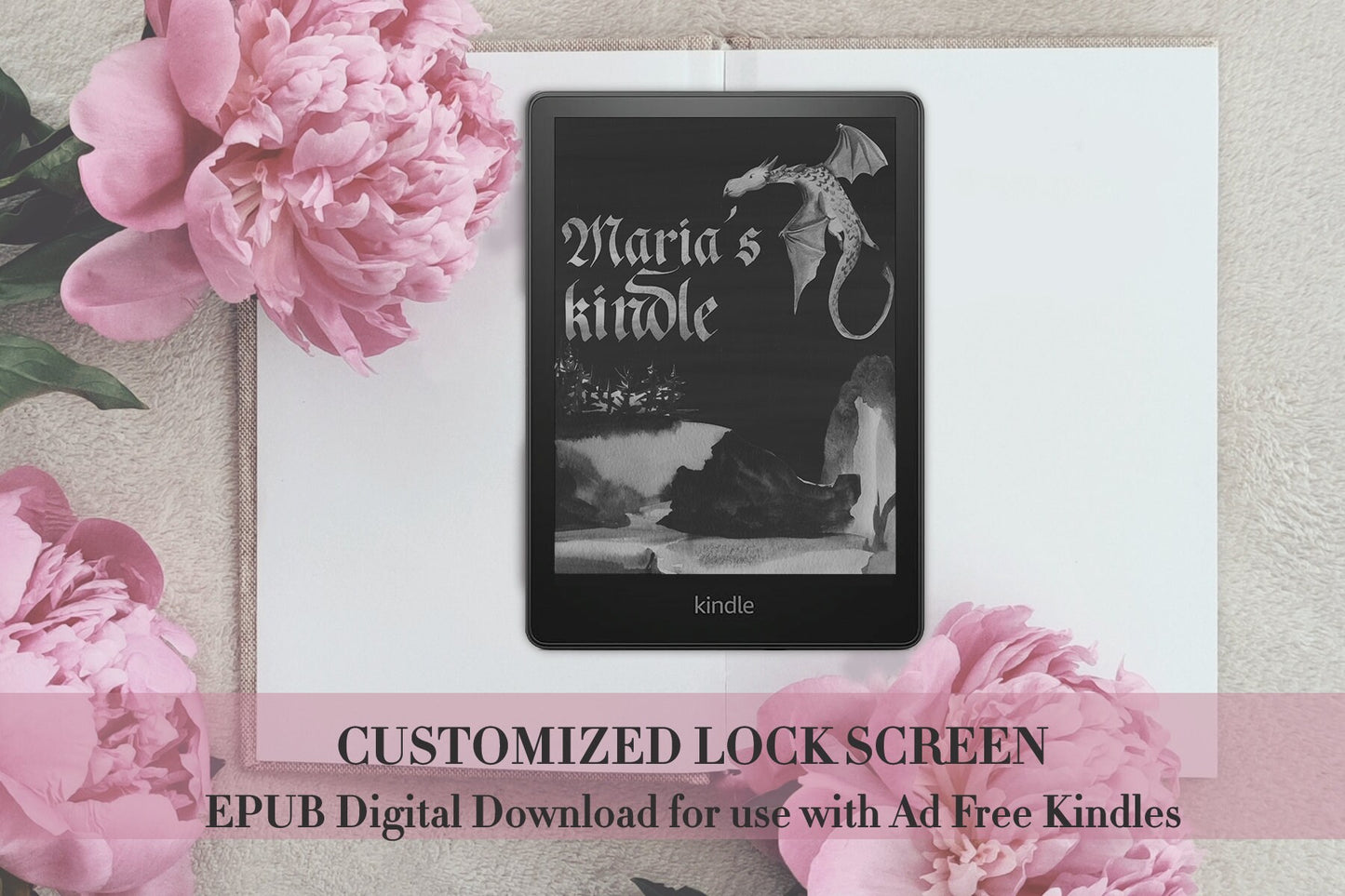 Book Dragon Inky Personalized Fantay Reader Lock Screen for use w Kindle EReader Custom Book Cover Bookstagram Librarian Retro Bookish Gift