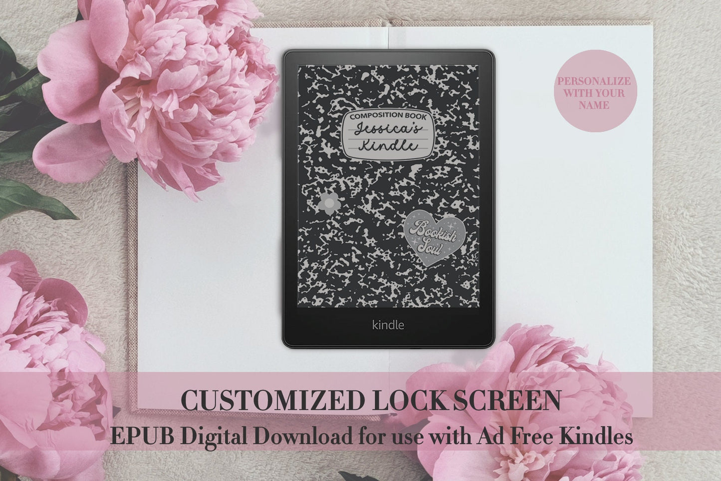 Personalized Sticker Composition Book Lock Screen for use w Kindle EReader Custom Book Cover Bookstagram Librarian Retro Bookish Gift