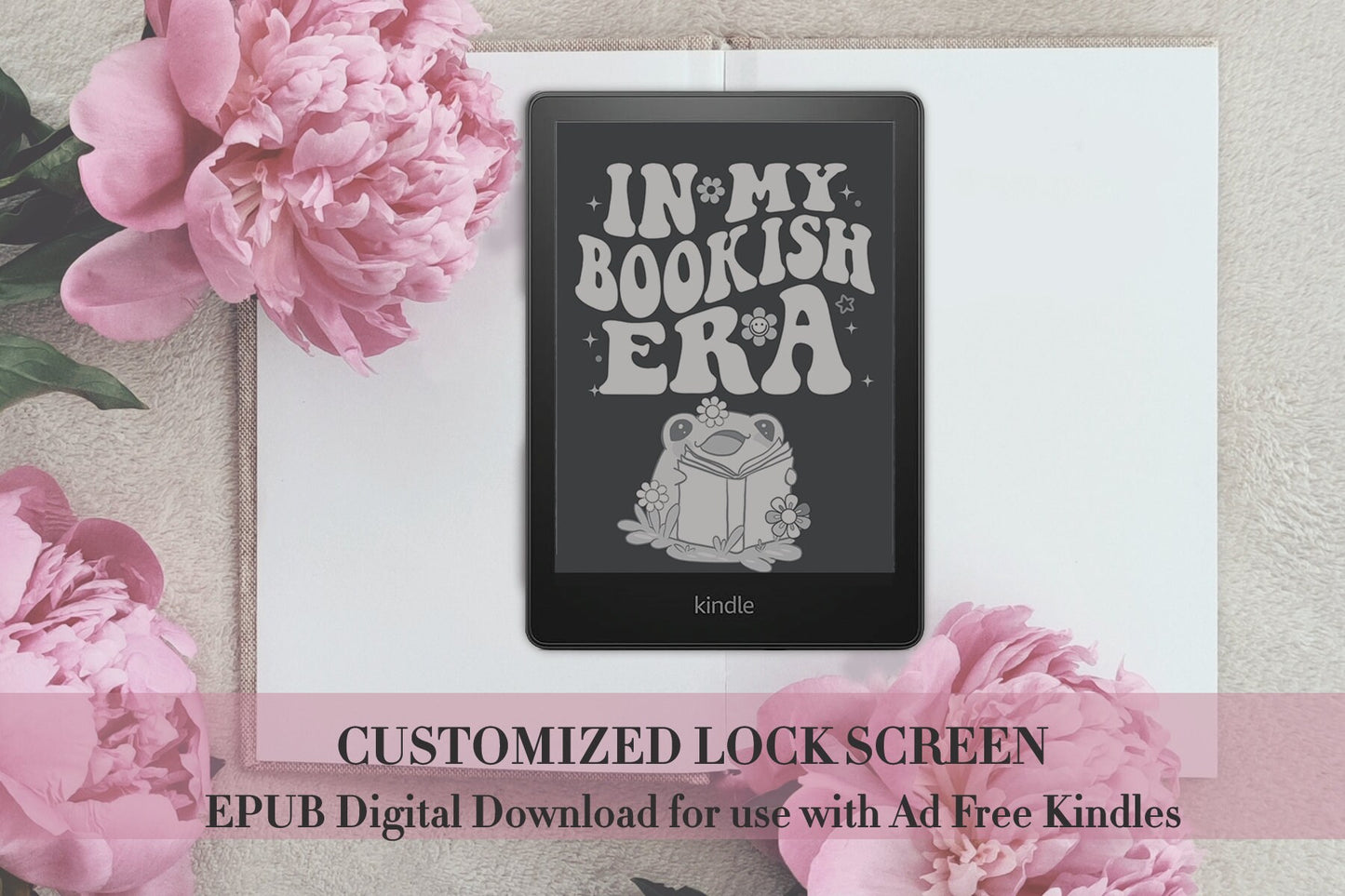 In My Bookish Era Cute Retro Frog Flowers Lock Screen for use w Kindle EReader Custom Book Cover Bookstagram Librarian Vintage Bookish Gift