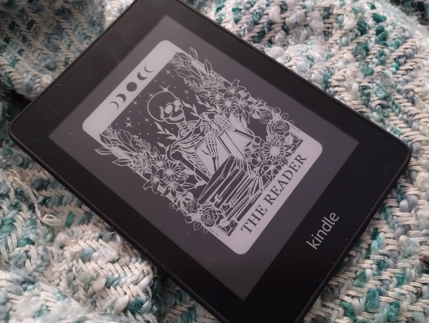 The Reader Tarot Card Halloween Spooky Skeleton Lock Screen for use w Kindle EReader Custom Book Cover Bookstagram Librarian Retro Bookish