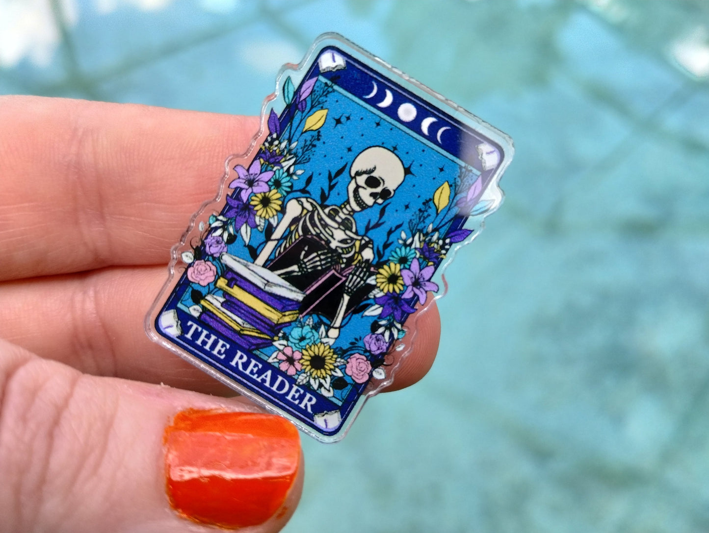 The Reader Tarot Card Pin Button Cute Spooky Reading Skeleton for Teacher Librarian Lanyard Pin Bookish Button for Bookstagram