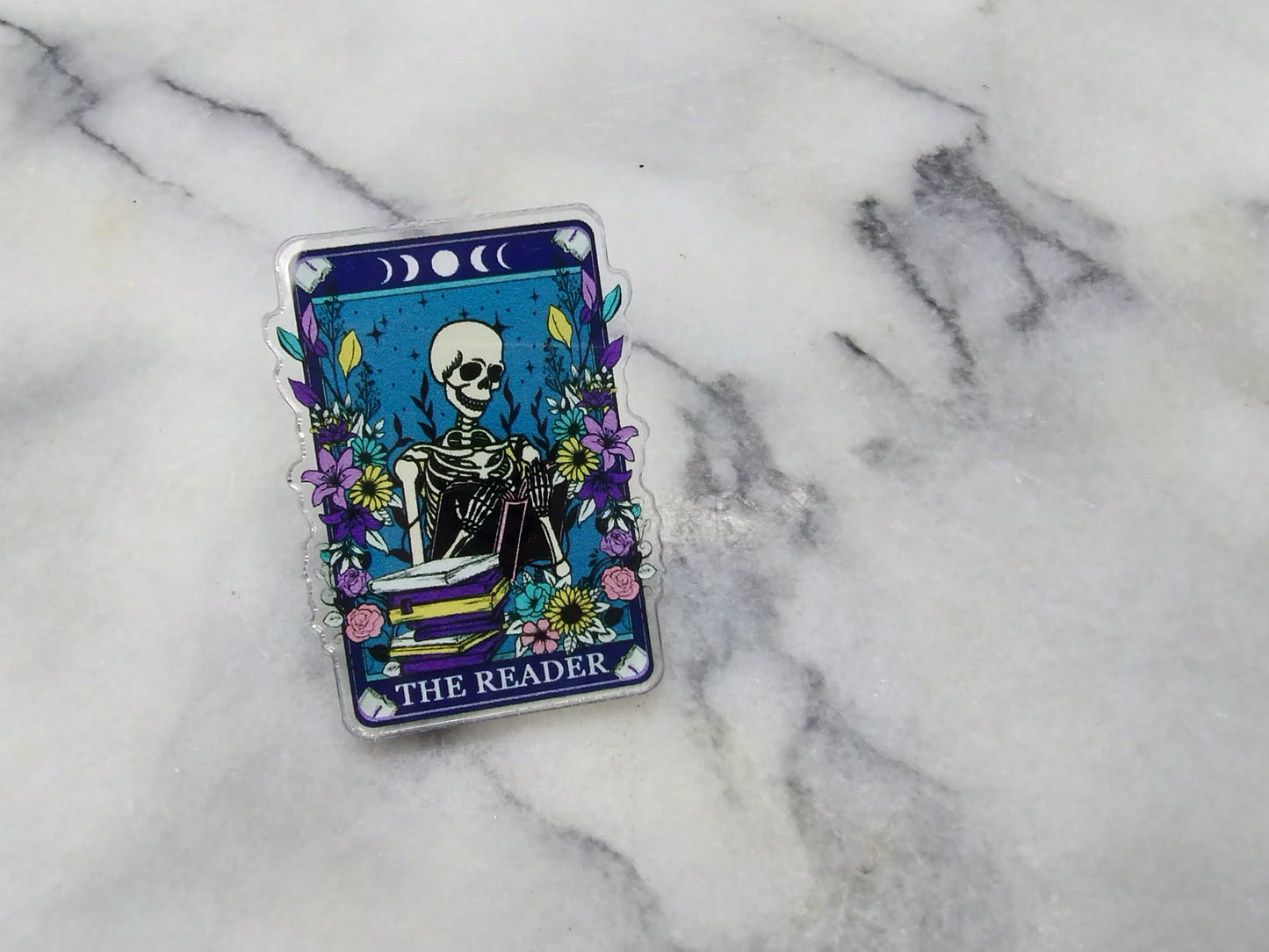 The Reader Tarot Card Pin Button Cute Spooky Reading Skeleton for Teacher Librarian Lanyard Pin Bookish Button for Bookstagram