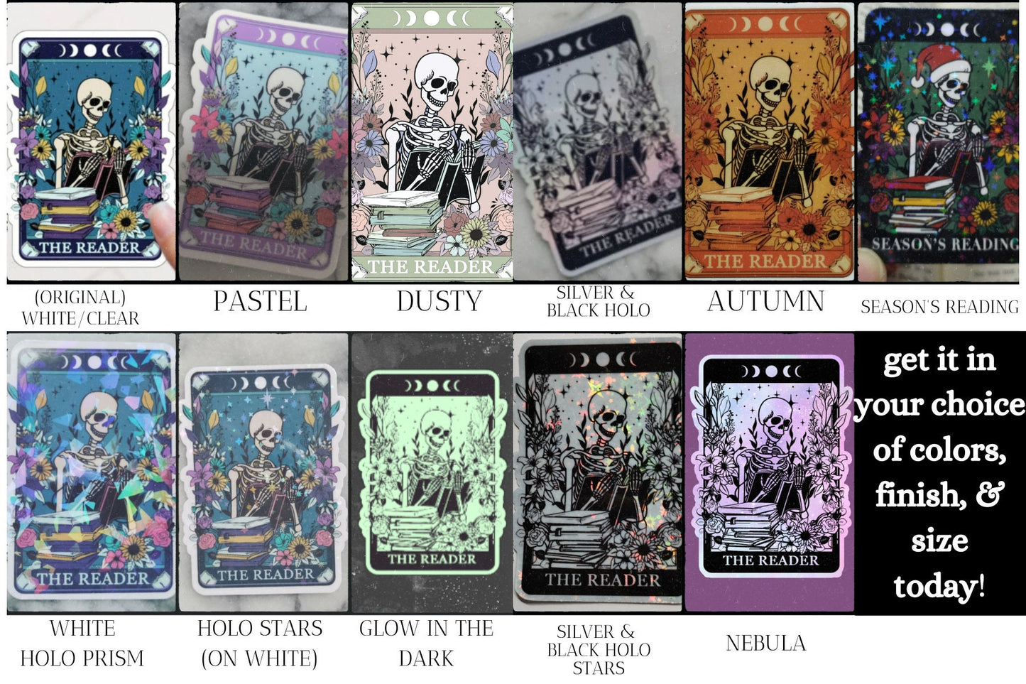 Seasons Readings The Reader Tarot Card Sticker Spooky Books Skeleton Sticker for Reader BookTok Journal Sticker Librarian Tarot Reader Cute
