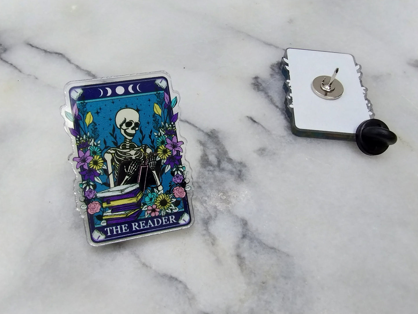 The Reader Tarot Card Pin Button Cute Spooky Reading Skeleton for Teacher Librarian Lanyard Pin Bookish Button for Bookstagram