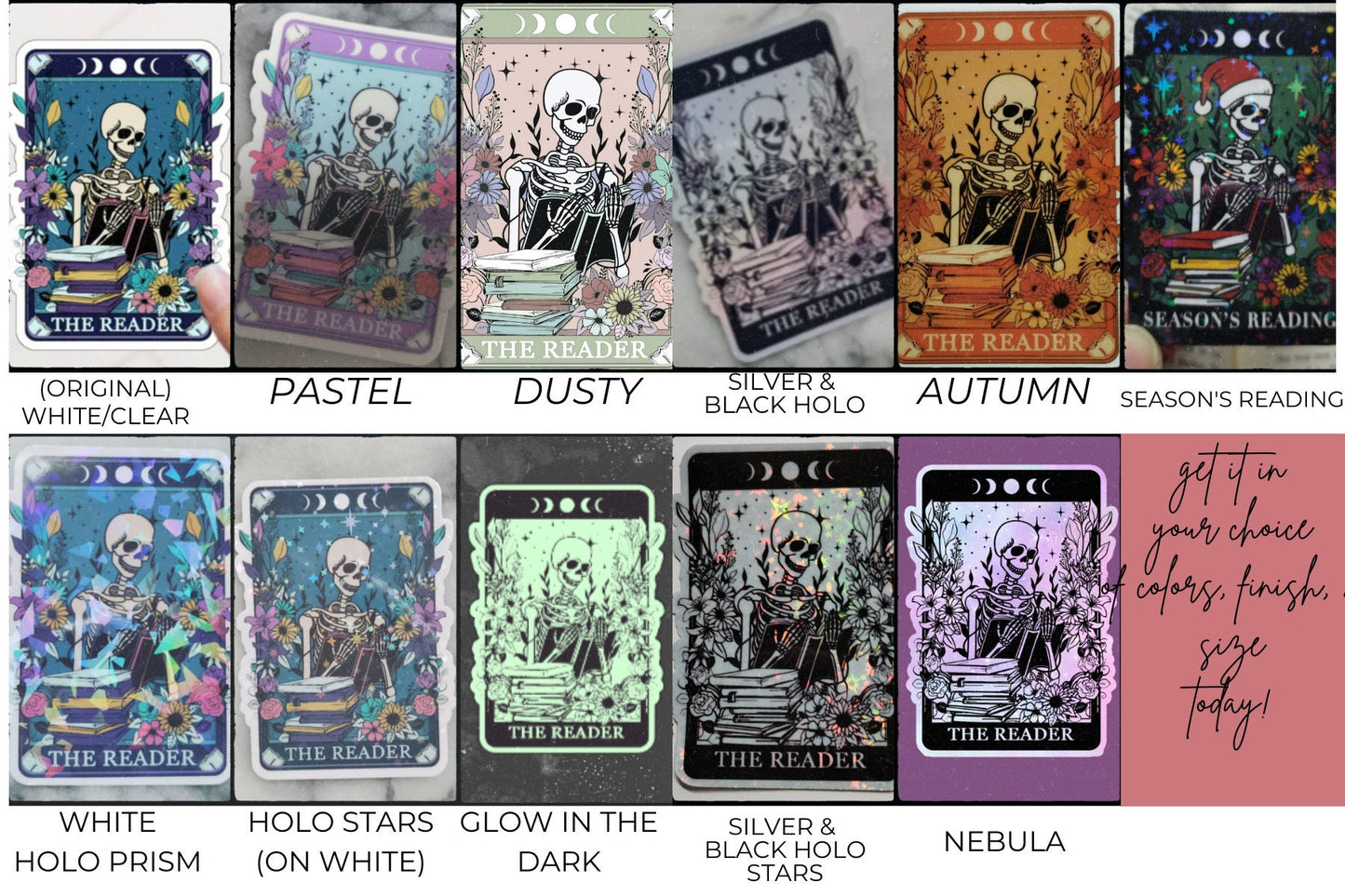 The Reader Dusty Tarot Card Sticker Spooky Books Skeleton Sticker for Reader BookTok Reading Journal Sticker Bookish Tarot Reader Cute