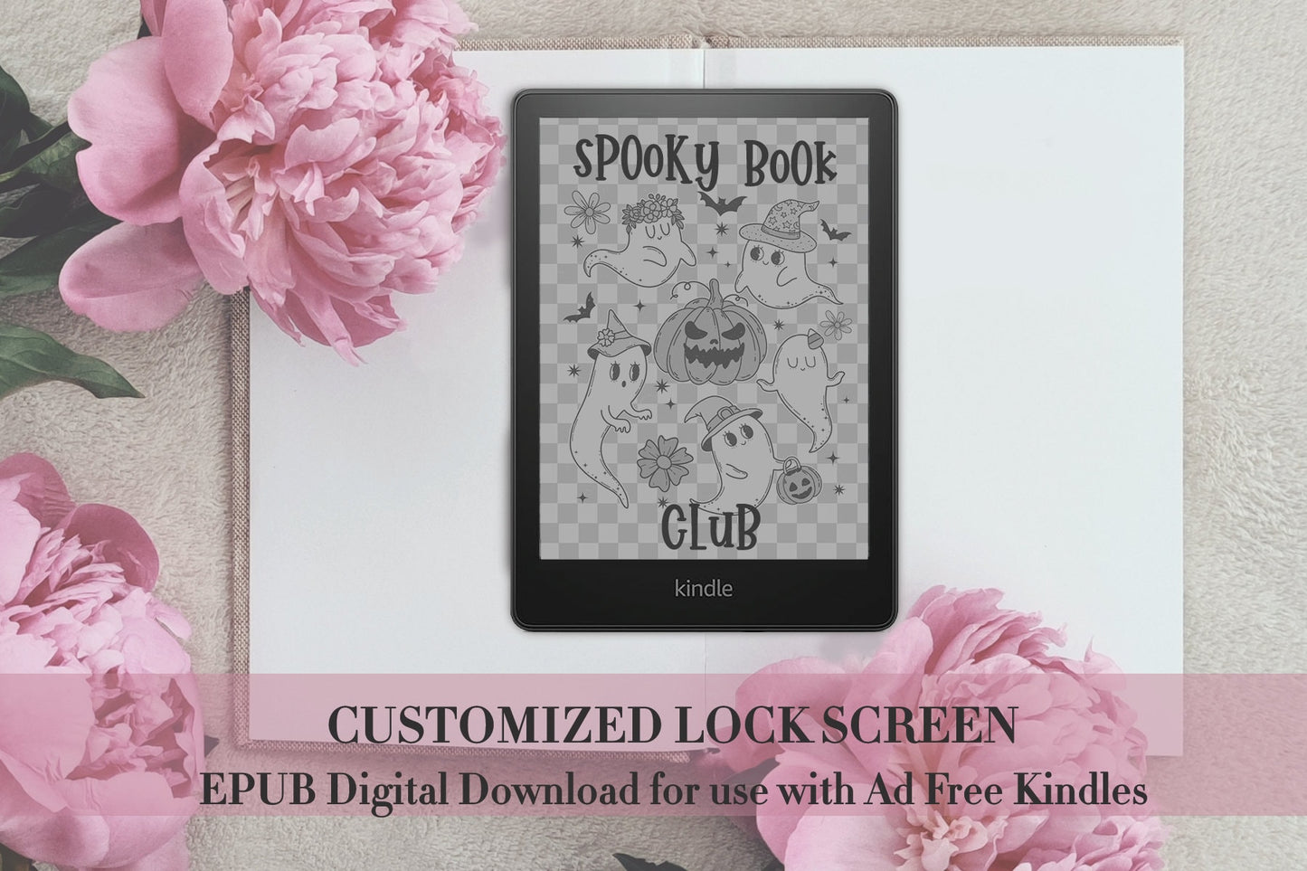Spooky Book Club Ghost Coven Pumpkin Lock Screen for use w Kindle EReader Custom Book Cover Bookstagram Librarian Retro Bookish