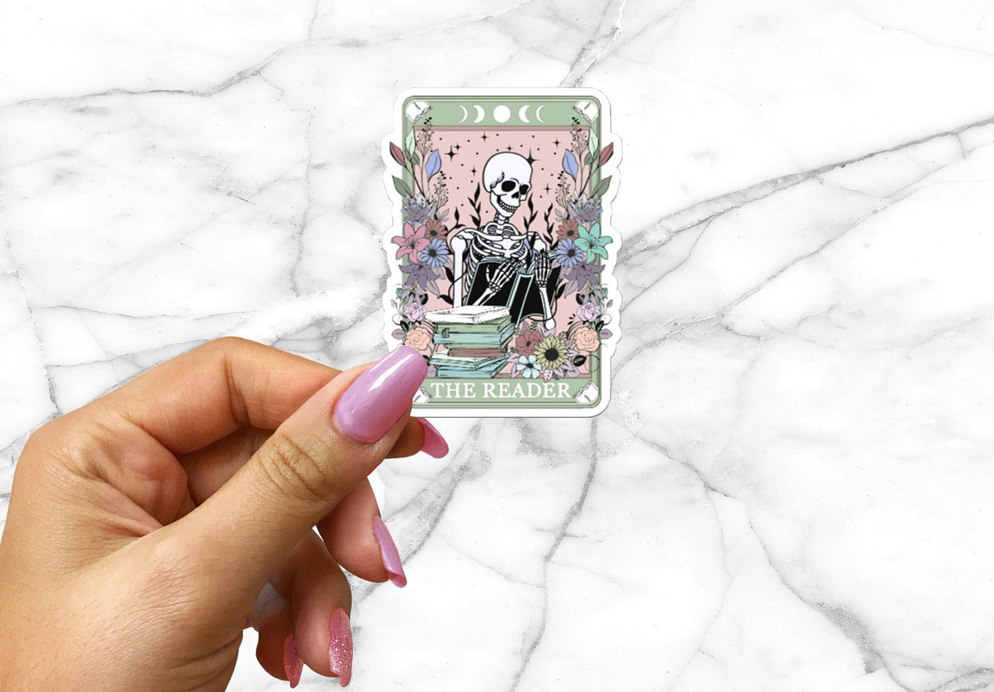 The Reader Dusty Tarot Card Sticker Spooky Books Skeleton Sticker for Reader BookTok Reading Journal Sticker Bookish Tarot Reader Cute