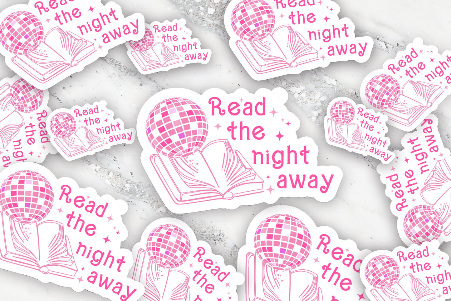 Read the Night Away Pink Disco Bookish Retro Y2k Sticker for Readers Cute Nerdy Sticker Journal Book Cart Sticker Planner Librarian Teacher