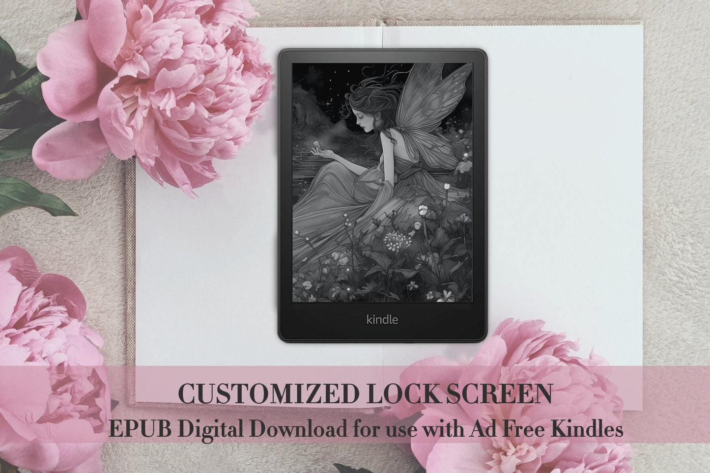 Luminous Fairy Tale Flowers Lock Screen for use w Kindle EReader Custom Book Cover Librarian Retro Bookish Fantasy Fairy Smut Book Lover