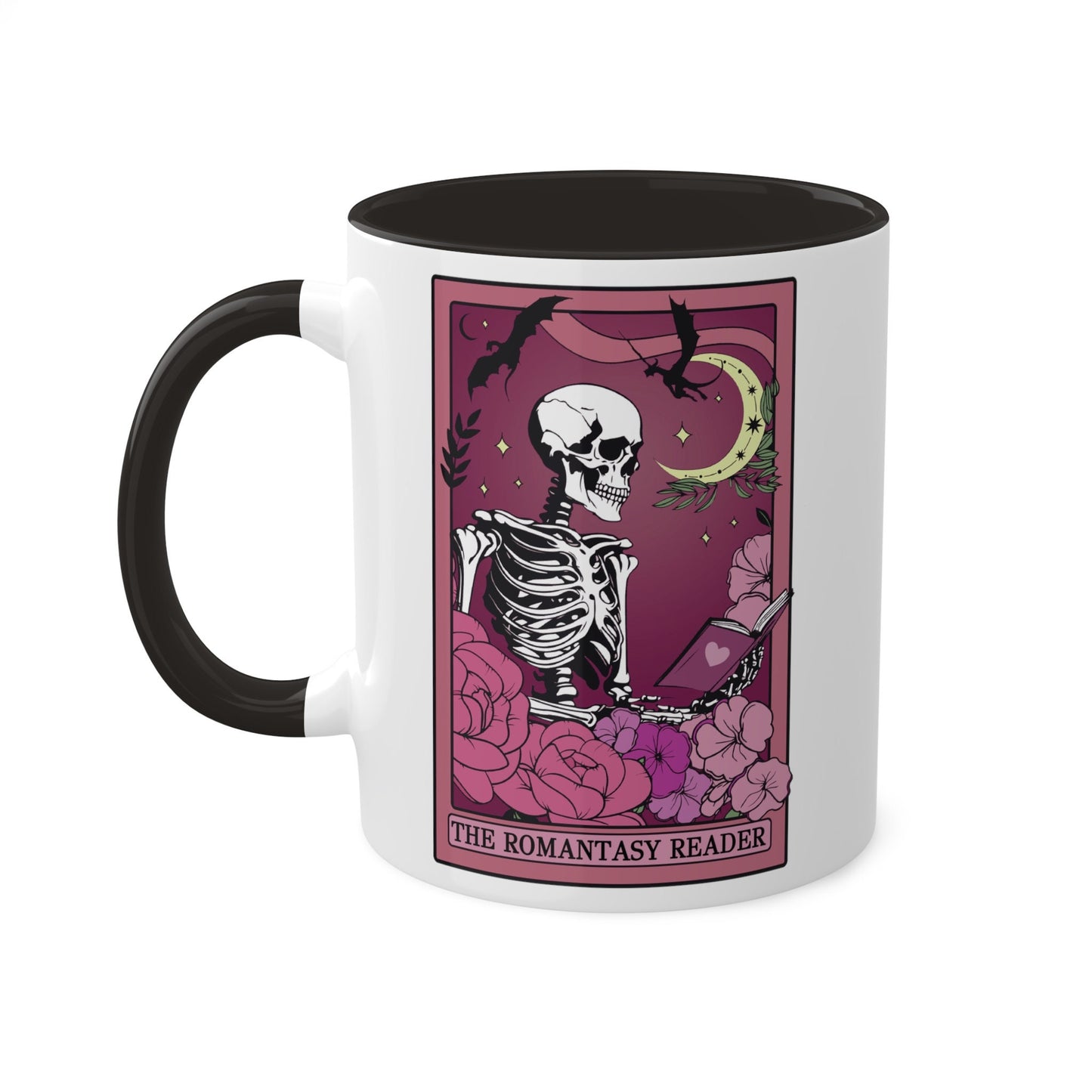 The Romantasy Reader Tarot Card Mug Spooky Book Skeleton Sticker for Reader BookTok Tea Coffee Mug for Book Club Smut Reader