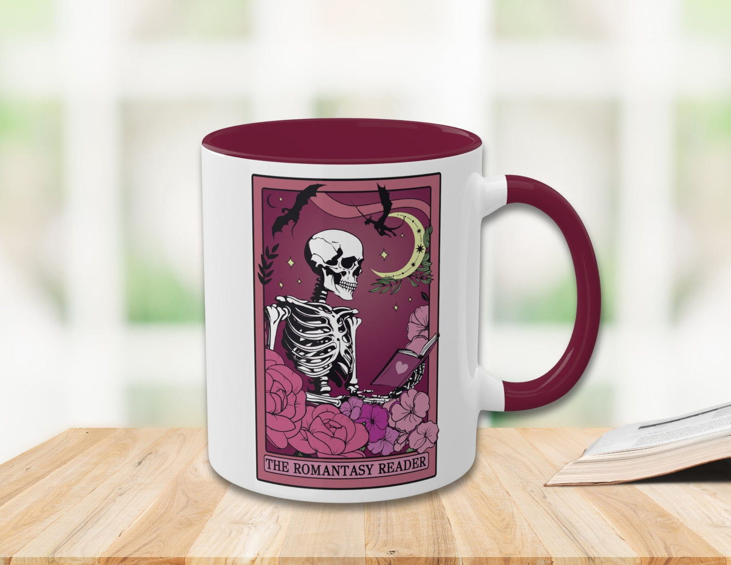 The Romantasy Reader Tarot Card Mug Spooky Book Skeleton Sticker for Reader BookTok Tea Coffee Mug for Book Club Smut Reader