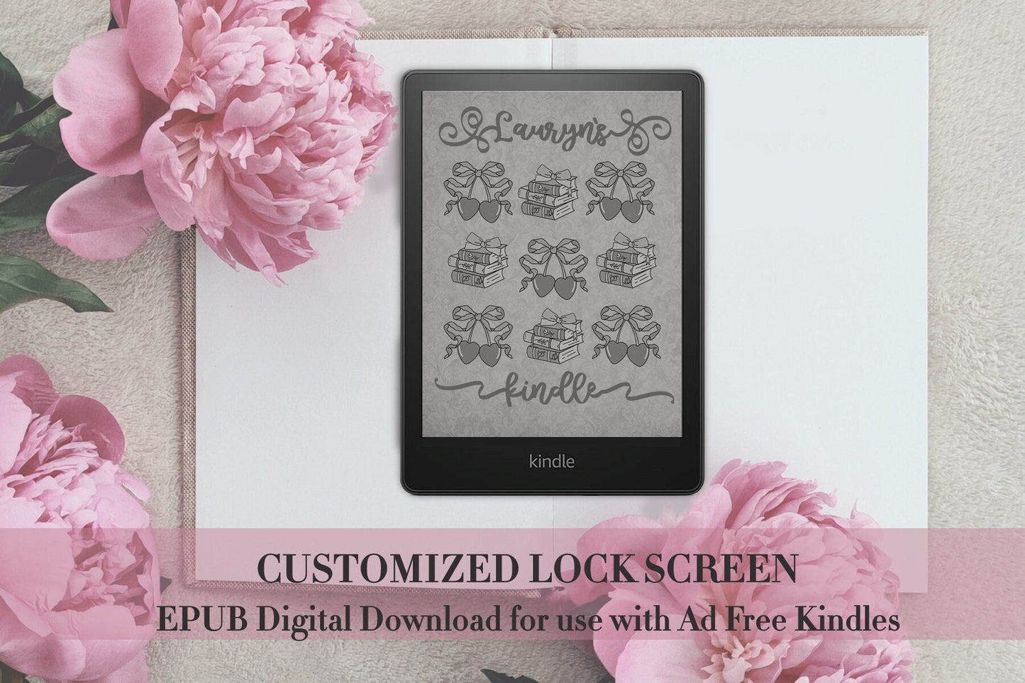 Personalized Name Coquettish Lock Screen for use w Kindle Girly EReader Custom Book Cover Bookstagram Teacher Librarian Reading Friend