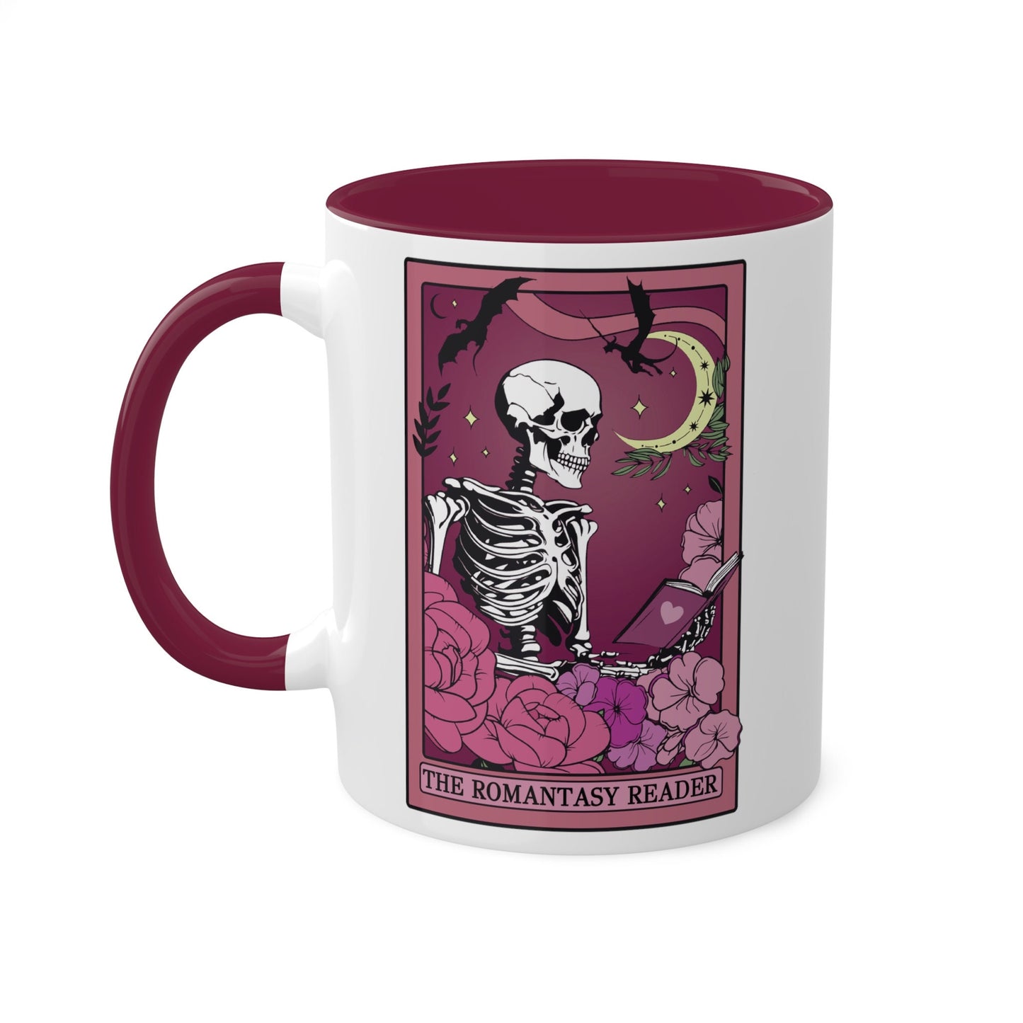 The Romantasy Reader Tarot Card Mug Spooky Book Skeleton Sticker for Reader BookTok Tea Coffee Mug for Book Club Smut Reader