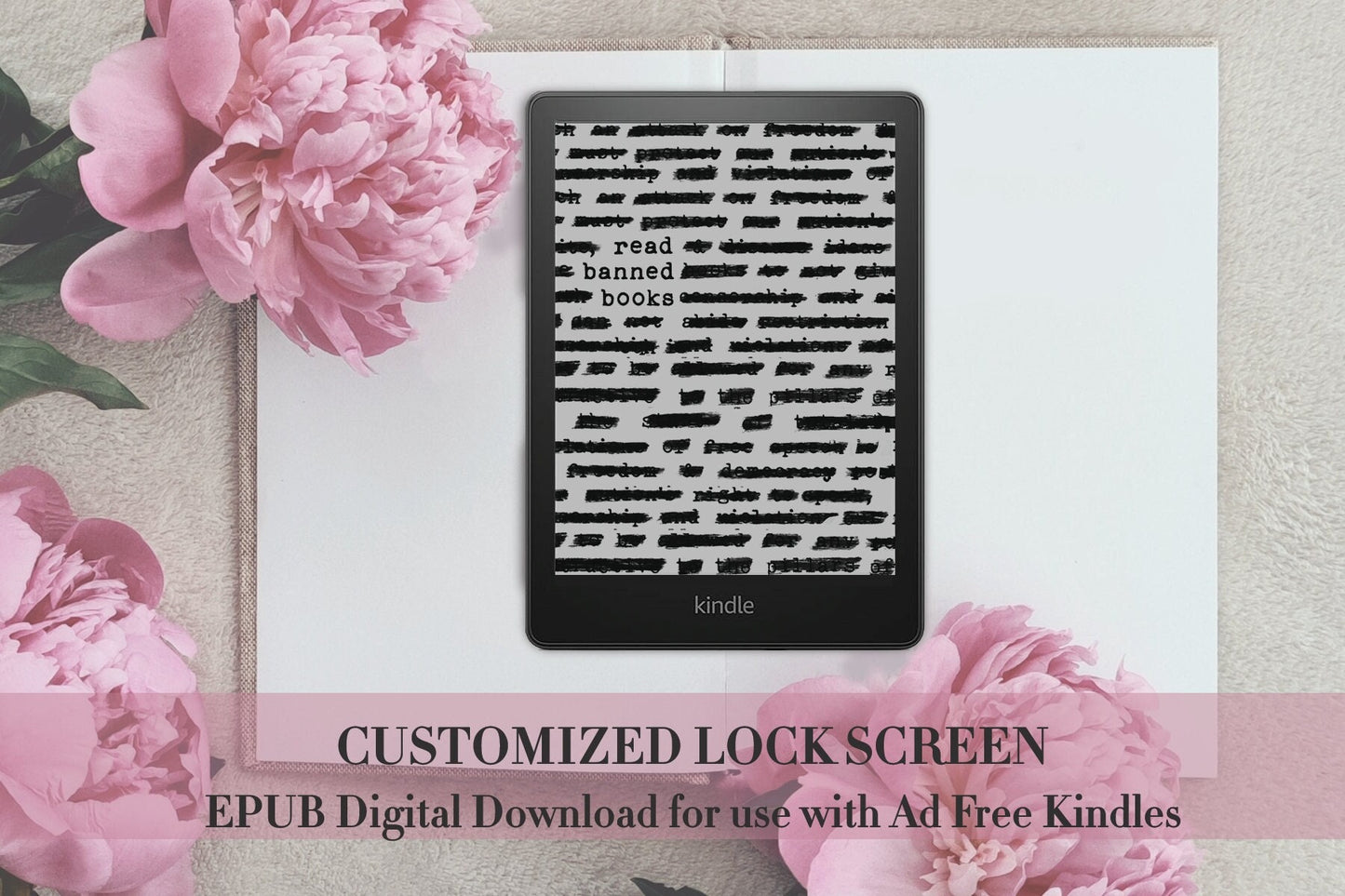Read Banned Books Anticensorship Lock Screen for Kindle EReader Custom Book Cover Bookstagram Librarian Bookish eBook Typewriter Redacted