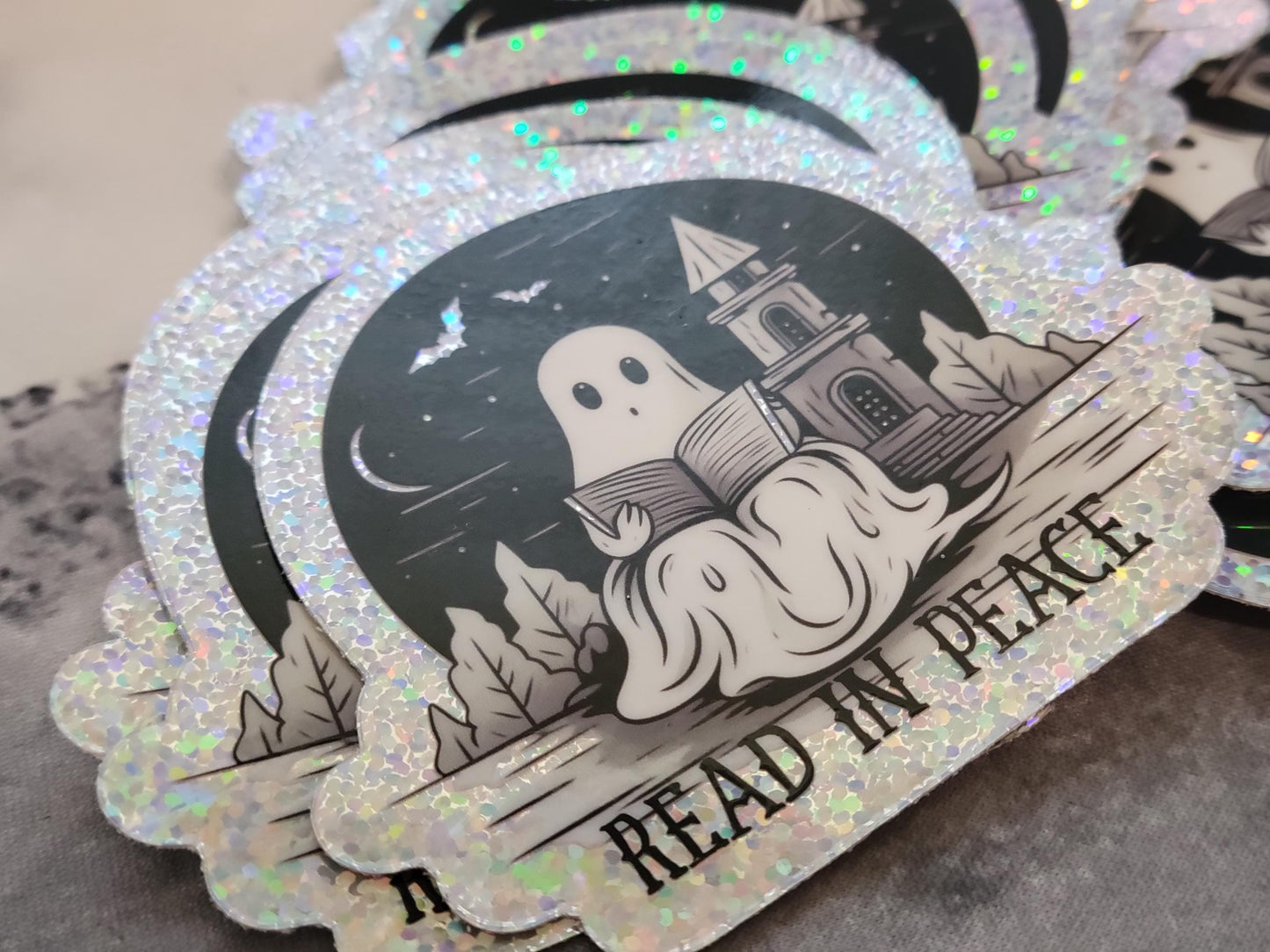 Read In Peace Ghost RIP Glitter Holographic Sticker Spooky Books for Reader BookTok Journal Sticker for Kindle Cover