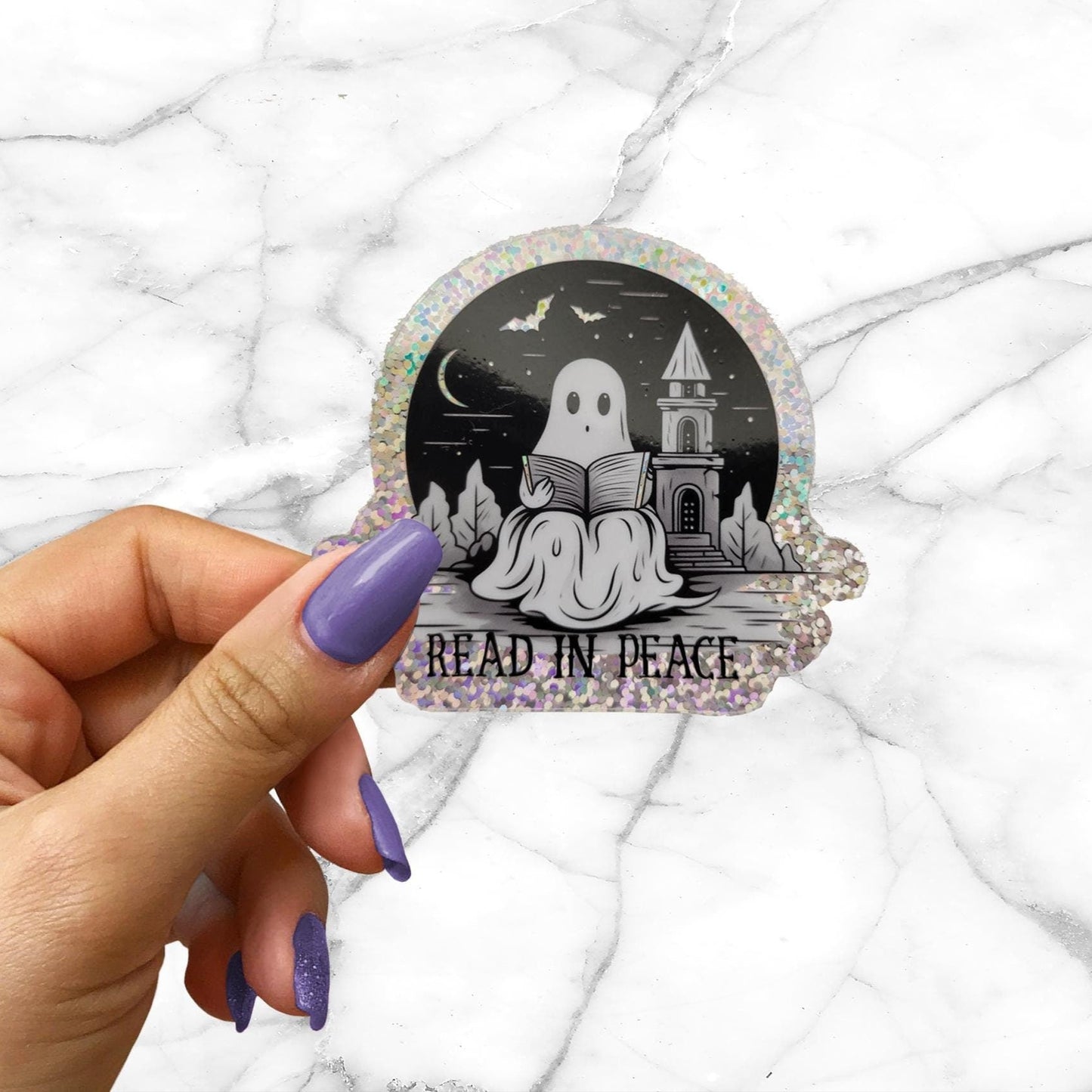 Read In Peace Ghost RIP Glitter Holographic Sticker Spooky Books for Reader BookTok Journal Sticker for Kindle Cover