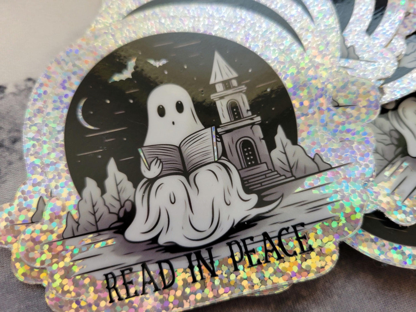 Read In Peace Ghost RIP Glitter Holographic Sticker Spooky Books for Reader BookTok Journal Sticker for Kindle Cover
