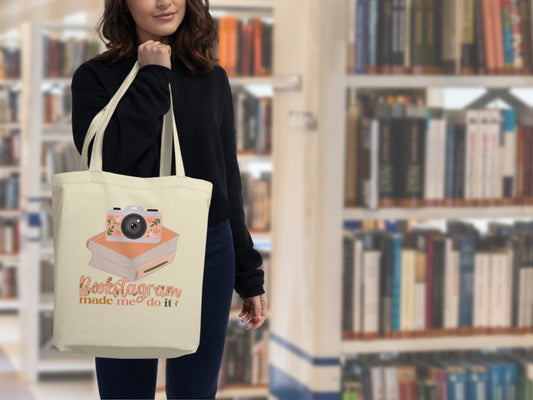 Bookstagram Made Me Do It Tote Bag With Retro Camera, Flowers, and Books for Bibliophiles Bookworm Gift for Librarian Pretty Cute Nerdy Tote