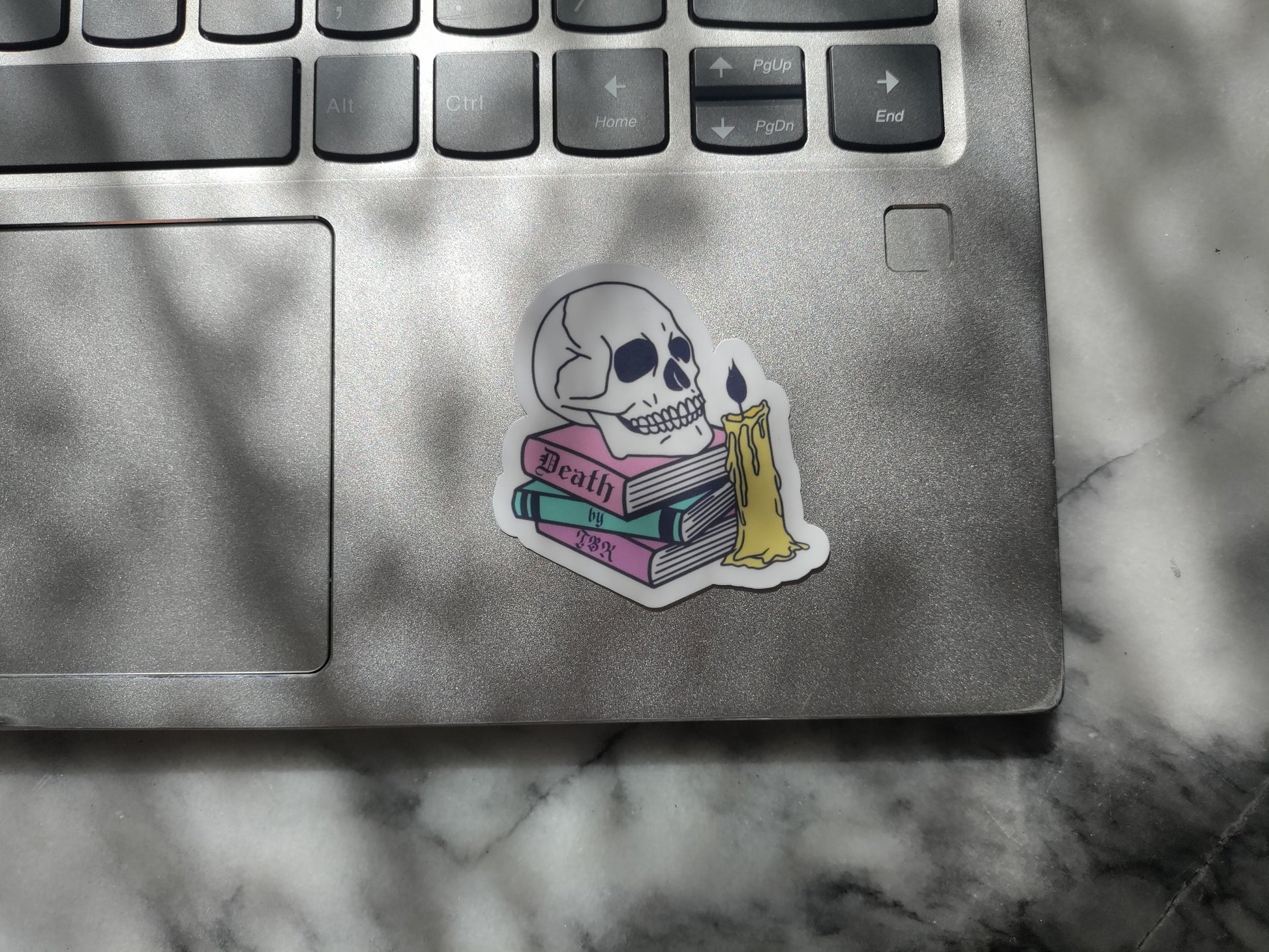 Death by TBR Cute Pastel Goth Bookish Sticker for Readers Funny Bookish Halloween Skull Sticker for Reading Journal Laptop Hyfroflask