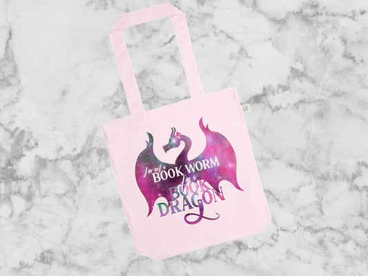 Book Dragon Organic Library Tote Bag for Fantasy Reader Not a Book Worm Bag for Bibliophile Gift for Librarian Fantasy Writer