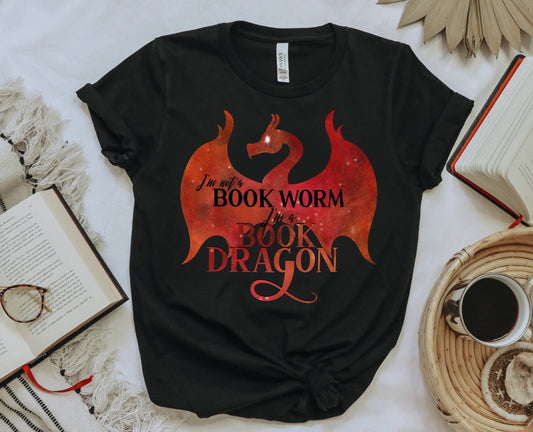 Fire Book Dragon Literary Tshirt for Fantasy Reader Fandom Merch for Bookish Friend Gift for Librarian I'm Not a Bookworm I'm a Book Dragon