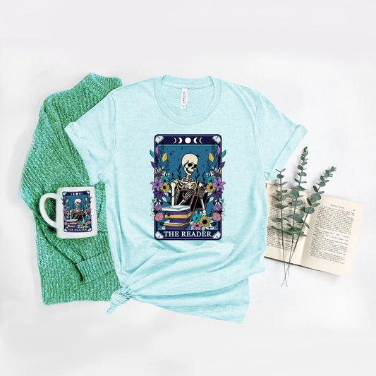 The Reader Tarot Card Unisex Jersey Short Sleeve Tee Witch Librarian Bookstagram Halloween Book Club Shirt Spooky Skeleton Cute Pastel Goth