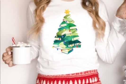 Bookish Tree Long Sleeve Christmas Tshirt for Reader Teacher Librarian Holiday Shirt for Book Club Christmas Party