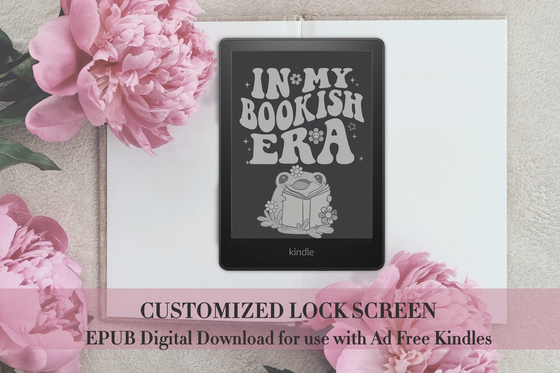 In My Bookish Era Cute Retro Frog Flowers Lock Screen for use w Kindle EReader Custom Book Cover Bookstagram Librarian Vintage Bookish Gift