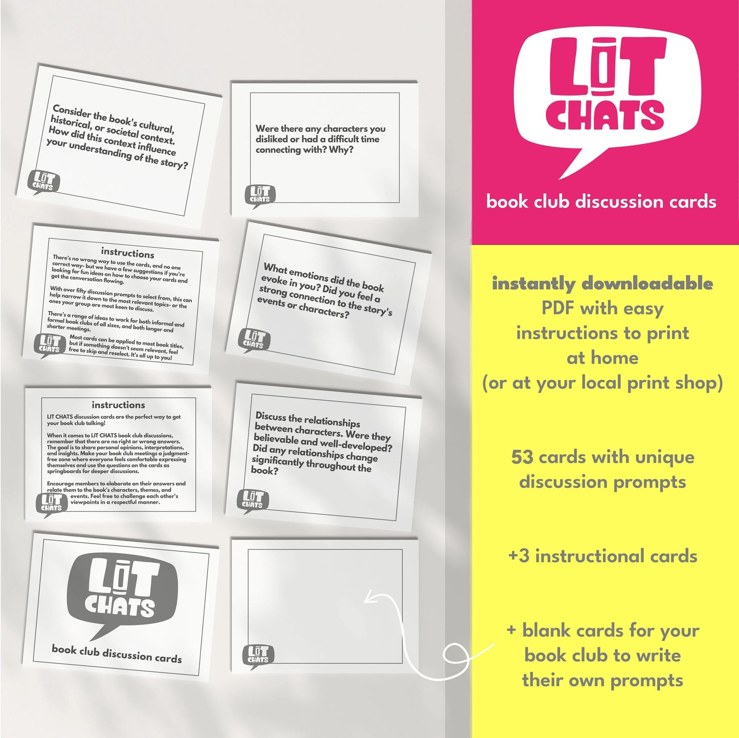 Lit Chats Book Club Discussion Topic Printable Digital Cards