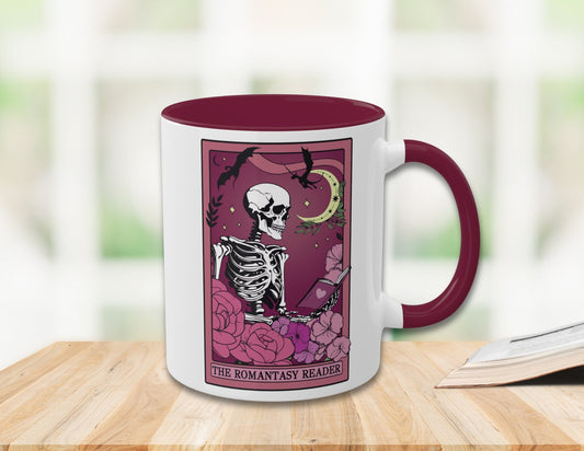 The Romantasy Reader Tarot Card Mug Spooky Book Skeleton Sticker for Reader BookTok Tea Coffee Mug for Book Club Smut Reader
