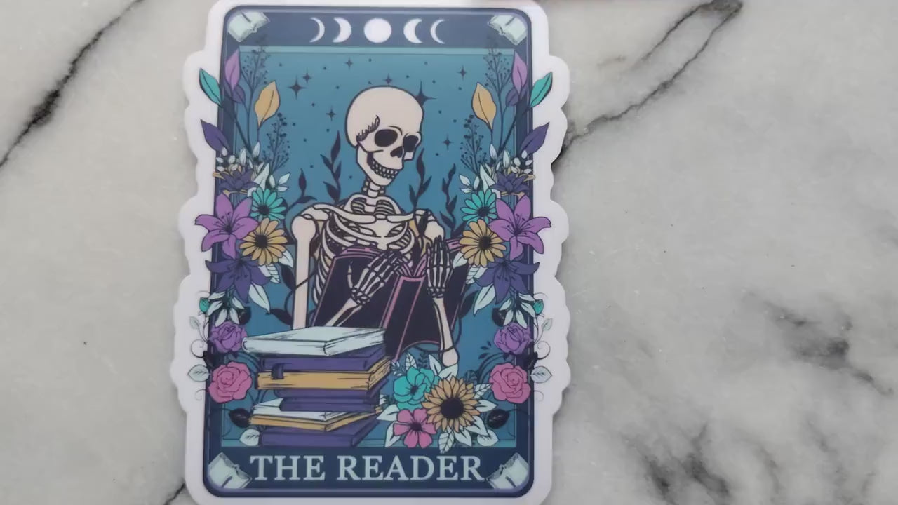 Seasons Readings The Reader Tarot Card Sticker Spooky Books Skeleton Sticker for Reader BookTok Journal Sticker Librarian Tarot Reader Cute