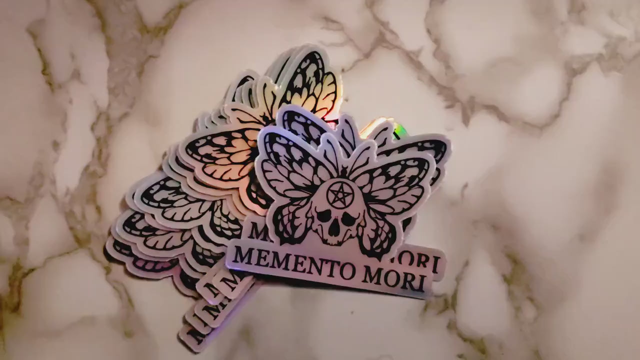 Memento Mori Holographic Sticker Moth Skull Laptop Sticker for Goth Witchy Butterfly Latin Remember You Will Die Catholic Mortality Decal