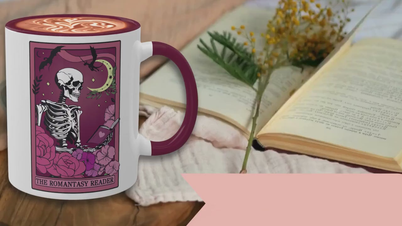 The Romantasy Reader Tarot Card Mug Spooky Book Skeleton Sticker for Reader BookTok Tea Coffee Mug for Book Club Smut Reader