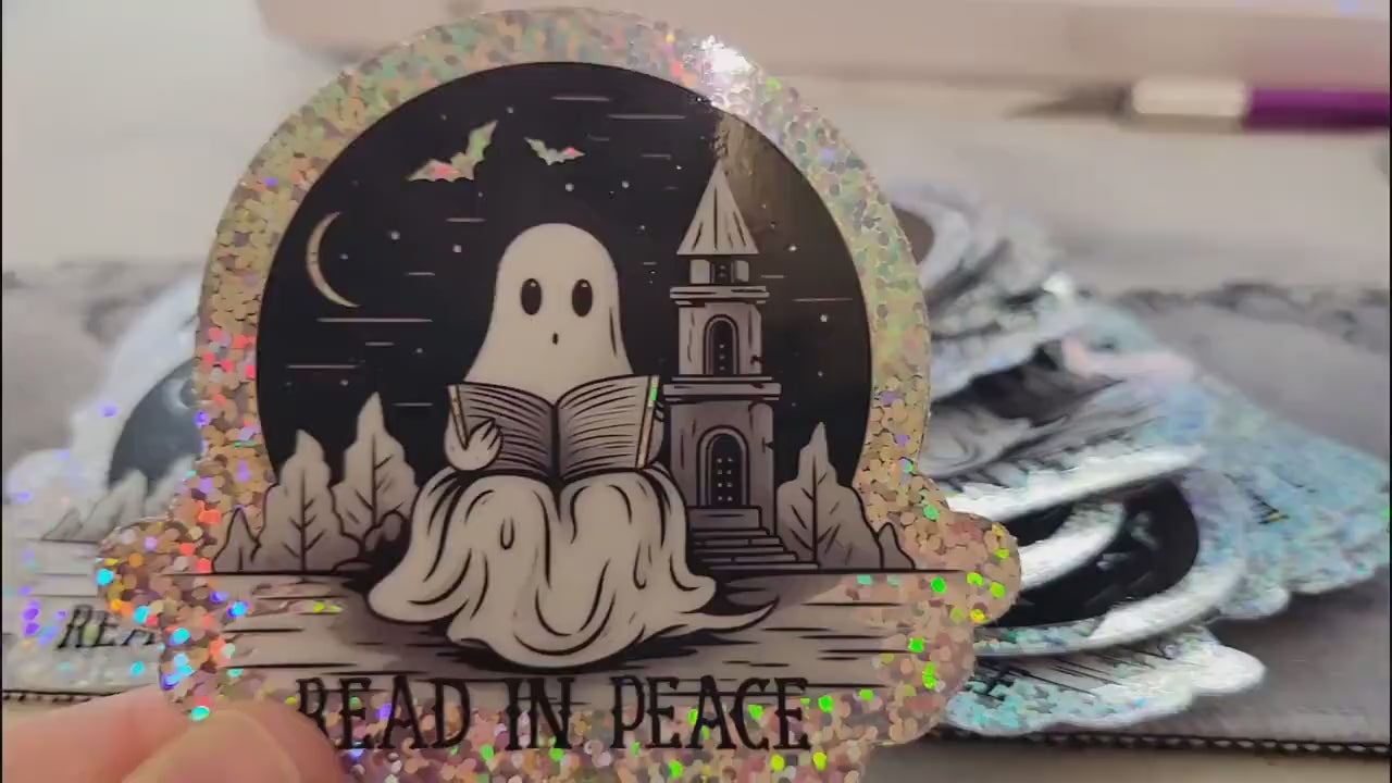 Read In Peace Ghost RIP Glitter Holographic Sticker Spooky Books for Reader BookTok Journal Sticker for Kindle Cover