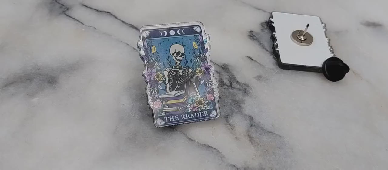 The Reader Tarot Card Pin Button Cute Spooky Reading Skeleton for Teacher Librarian Lanyard Pin Bookish Button for Bookstagram
