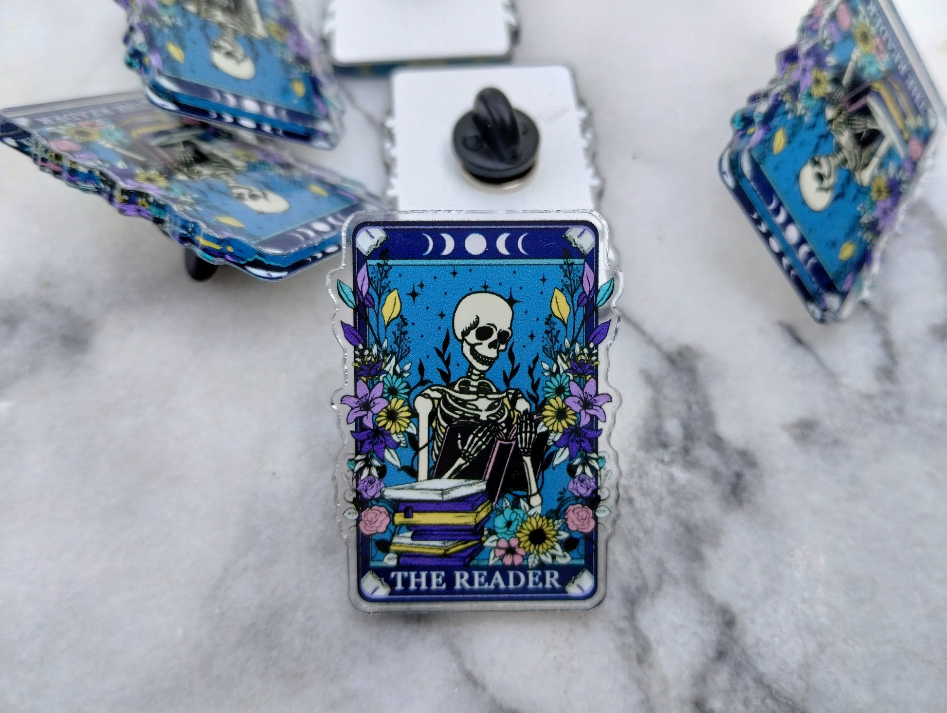 The Reader Tarot Card Pin Button Cute Spooky Reading Skeleton for Teacher Librarian Lanyard Pin Bookish Button for Bookstagram